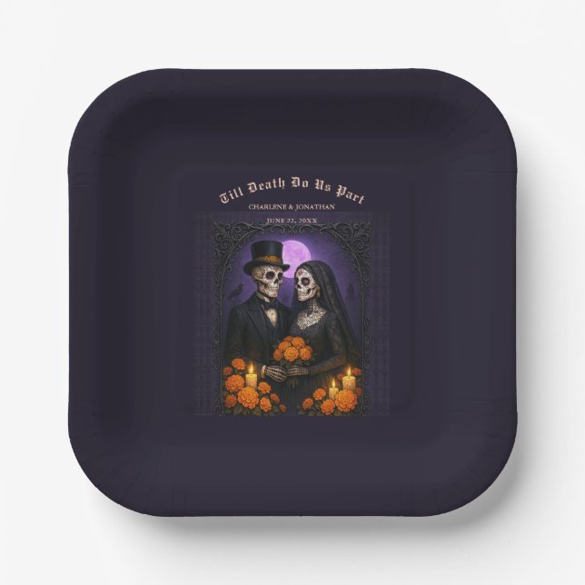 Till Death Do Us Sugar Skull Skeletons Wedding Pappteller (Vorderseite)