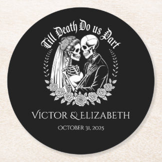 Till Death Gothic Skeleton Couple Black Wedding Runder Pappuntersetzer