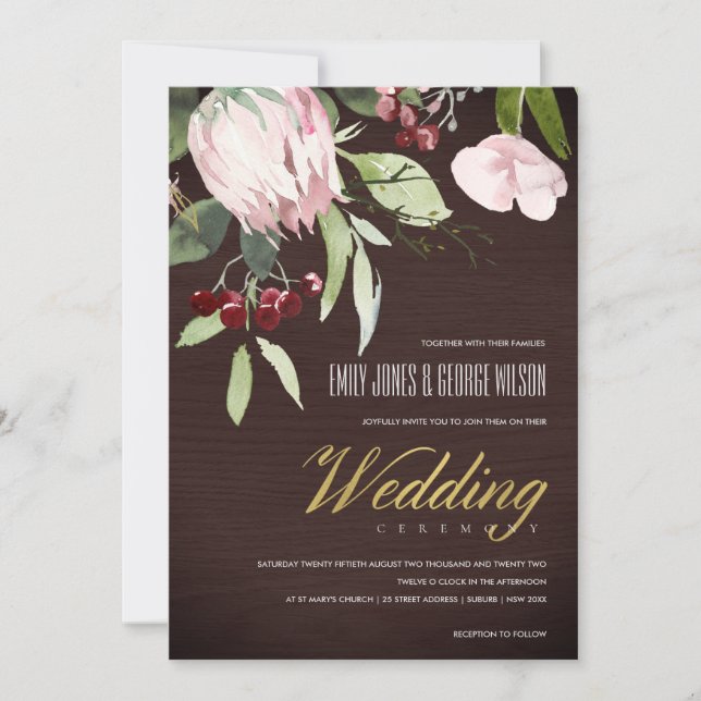 Timber Blush Pink Burgundy Protea Blumenzwiebeln Einladung (Vorderseite)