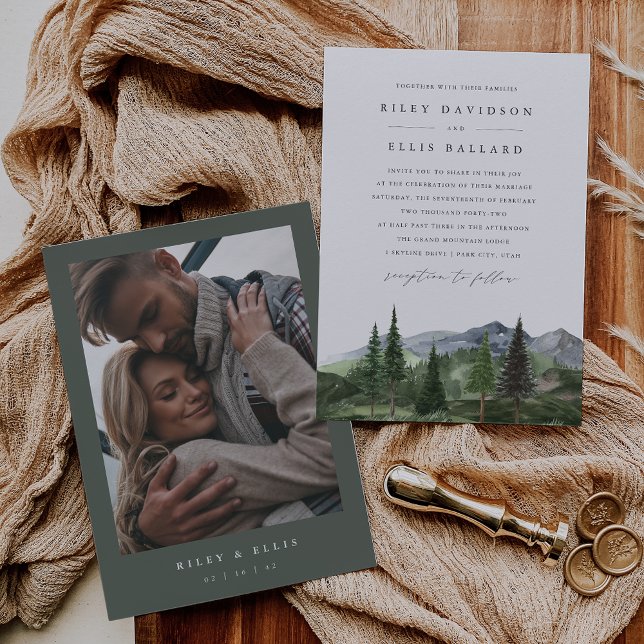 Timberline | Photo Back Forest & Mountain Wedding Einladung (Von Creator hochgeladen)