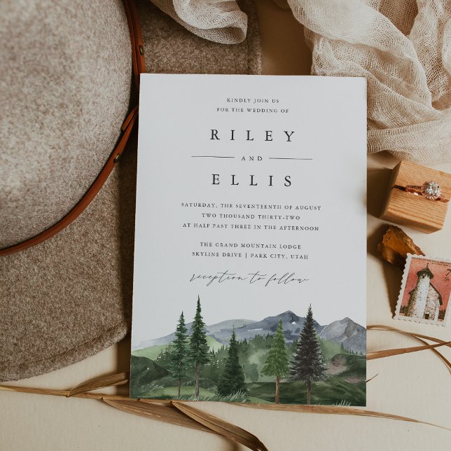 Timberline | Watercolor Forest Mountain Wedding Einladung (Von Creator hochgeladen)