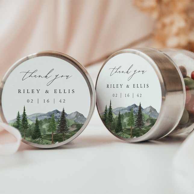 Timberline | Watercolor Mountain Wedding Thank You Runder Aufkleber (Von Creator hochgeladen)