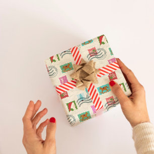 Timbres de Noël papier cadeau enveloppé blanc