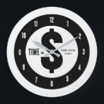 Time = $ Every Second Counts Black and White Große Wanduhr<br><div class="desc">A bold minimalist wall clock with a powerful message: Time = $. The clean black and white design highlights the idea that every moment matters, while the phrase “Every Second Counts” reinforces the value of time. Simple, modern, and motivational, this clock is perfect for home offices, workspaces, entrepreneurs, and anyone...</div>