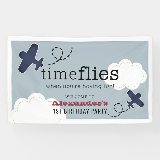 Time Fliegt Flugzeug Blue Boy Geburtstag Begrüßung Banner (Horizontal)