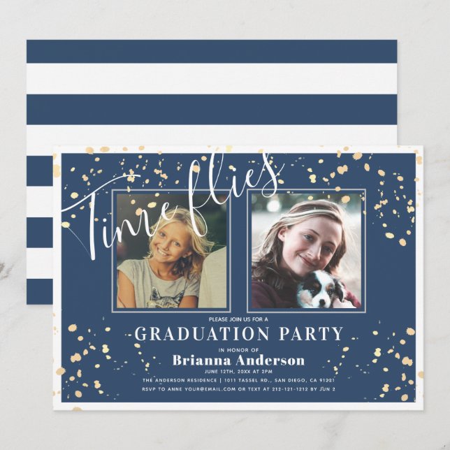 Time Fliegt Navy Blue Strip Gold Foto Abschluss Einladung (Vorne/Hinten)