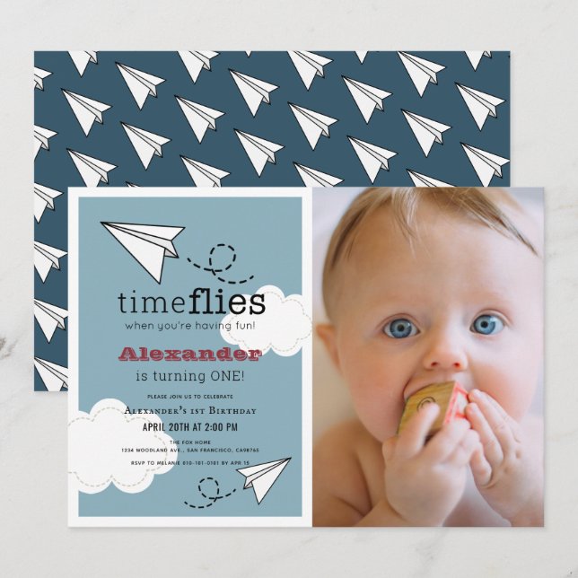 Time Fliegt Paper Flugzeug Blue Boy Foto1. Geburts Einladung (Vorne/Hinten)