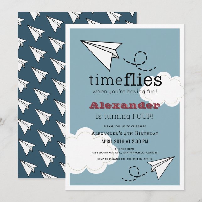 Time Fliegt Paper Flugzeug Blue Boy Geburtstag Einladung (Vorne/Hinten)