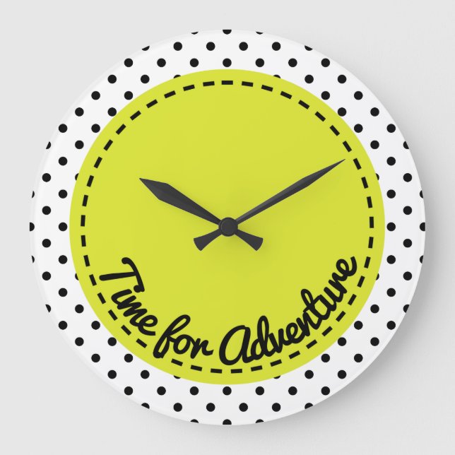 "Time for Adventure" Dots Black & White Clock Große Wanduhr (Vorderseite)