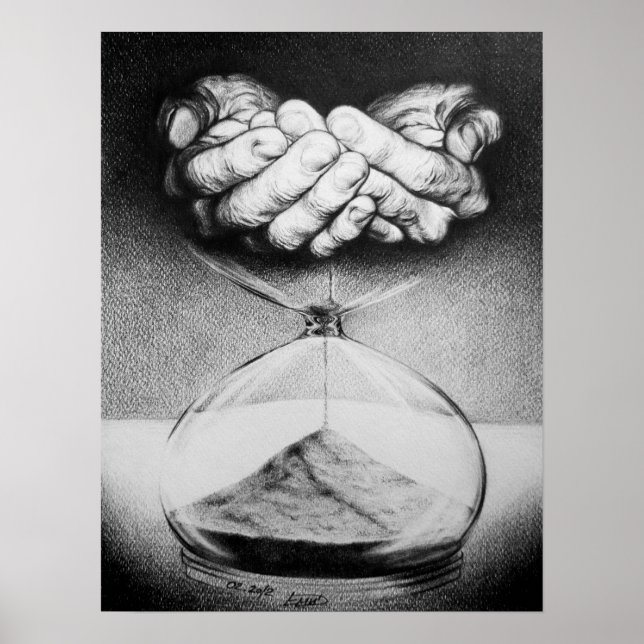 Time Hourglass Hände Stift zeichnend surreale Kuns Poster (Vorne)