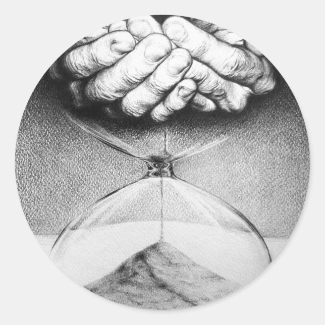 Time Hourglass Hände Stift zeichnend surreale Kuns Runder Aufkleber (Vorderseite)