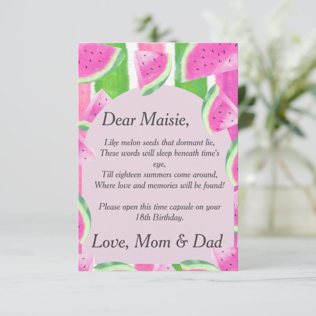 Time Kapselgedicht Pink Watermelon Brief Note Einladung (Stehend Vorderseite)