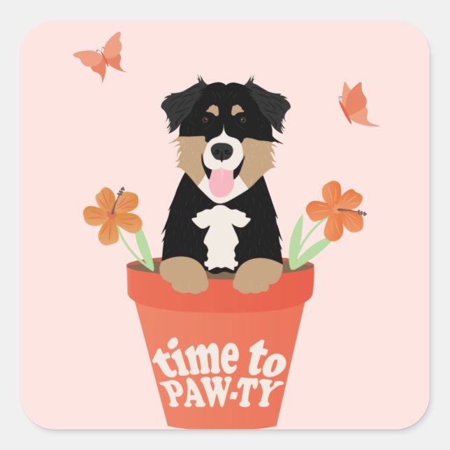 Time To Pawty Australian Shepherd Dog Quadratischer Aufkleber (Vorderseite)