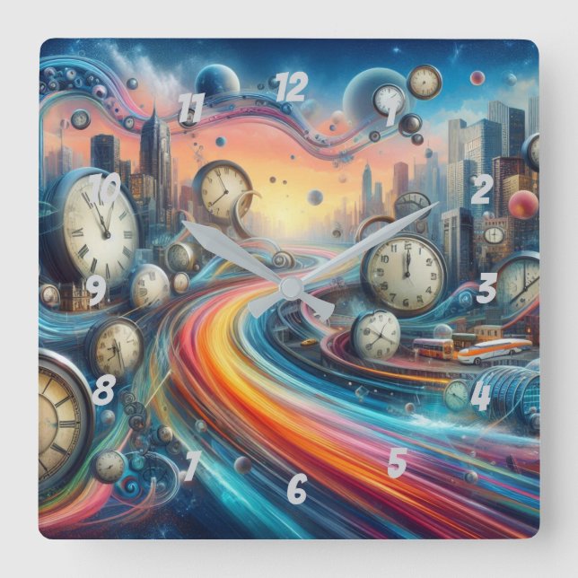 Time Warp Road Trip Quadratische Wanduhr (Vorderseite)