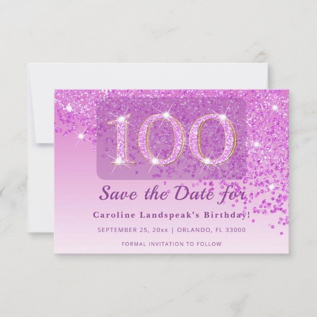 Timeless 100th Birthday Pink Glitter Frosted  Save The Date (Vorderseite)
