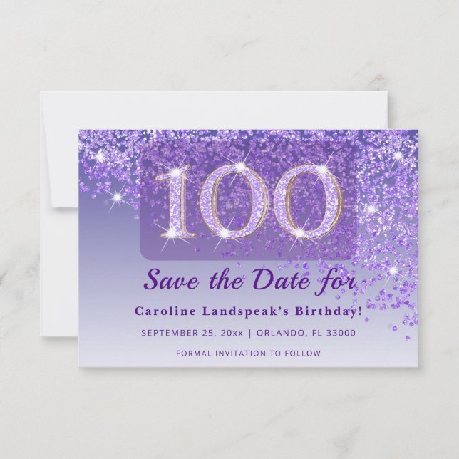 Timeless 100th Birthday Purple Glitter Frosted  Save The Date (Vorderseite)