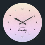Timeless Beauty Pastel Gradient Burlap Texture Große Wanduhr<br><div class="desc">A soft pastel gradient design featuring warm yellow blending into romantic pink and a delicate lilac shade, inspired by the gentle simulated texture of burlap fabric. The elegant phrase “Timeless Beauty” adds a refined and romantic touch, making this wall clock a perfect accent for bedrooms, living rooms, nurseries, or feminine...</div>