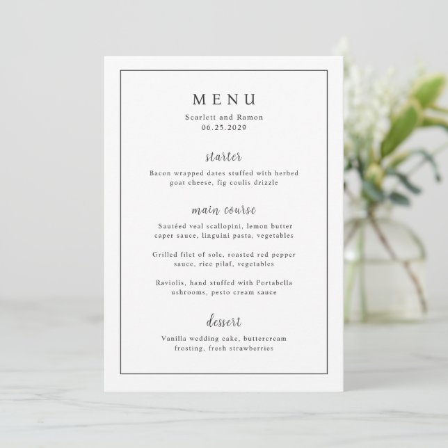 Timeless Black and White Elegant Wedding Menükarte (Stehend Vorderseite)