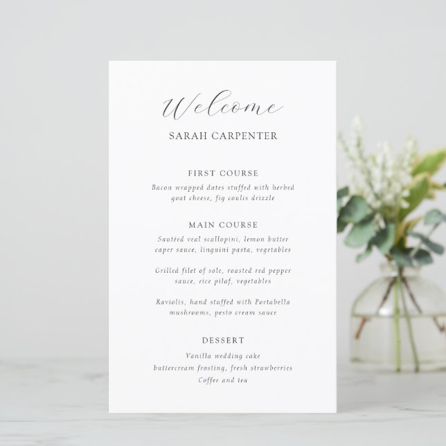 Timeless Black and White Guest Name Wedding Menu (Stehend Vorderseite)