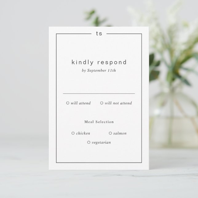 Timeless Black and White Monogram Modern Wedding RSVP Karte (Stehend Vorderseite)