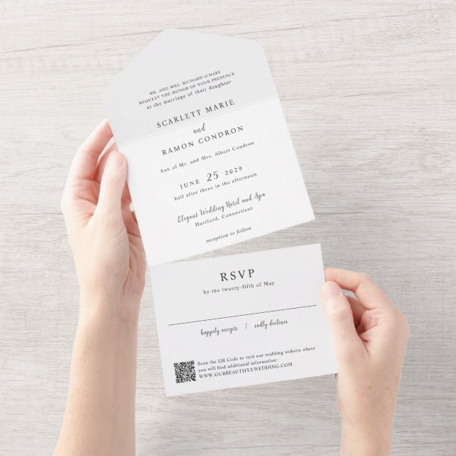 Timeless Black and White QR Code Elegant Wedding All In One Einladung (Abreißen)
