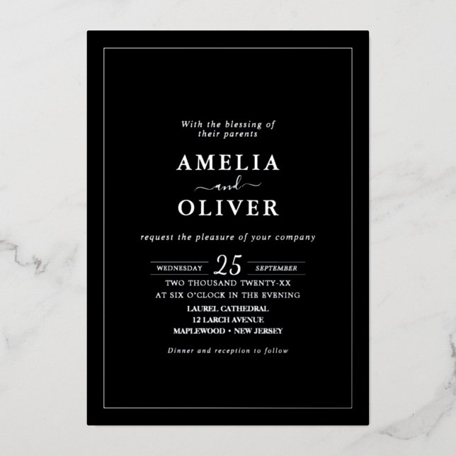 TIMELESS Black & Silver Minimalist Wedding Design Folieneinladung (Vorderseite)
