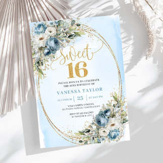 Timeless Blue and White Floral Sweet Sixteen   Einladung
