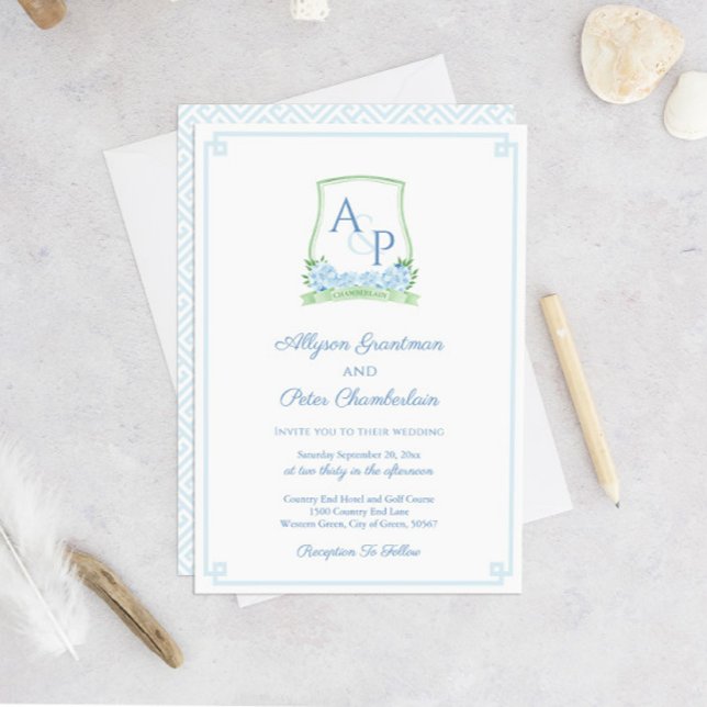 Timeless Blue Green Botanical Wappen Wedding Einladung (Sage Green Light Blue Watercolor Monogram Crest Wedding Invitation With Pale Blue Greek Key Backer)