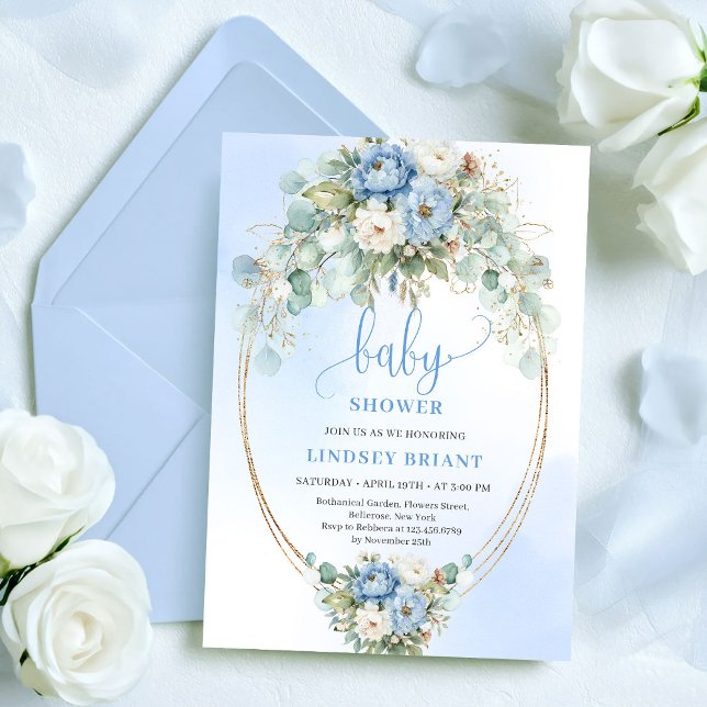 Timeless Blue Peonies Greenery Baby Shower Invite Einladung (Timeless Blue Peonies Greenery Baby Shower Invitation)