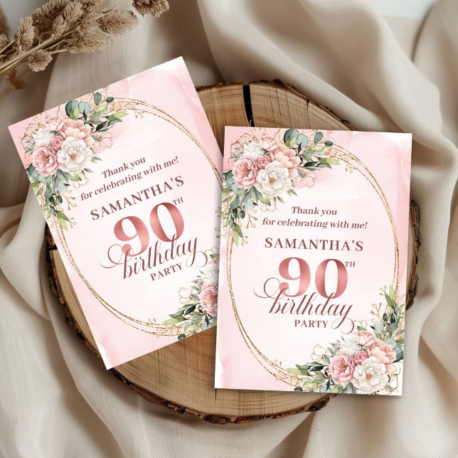 Timeless Blush Pink Gold Greenery 90th Thank You  Dankeskarte (Timeless Blush Pink Gold Greenery 90th Thank You Card)