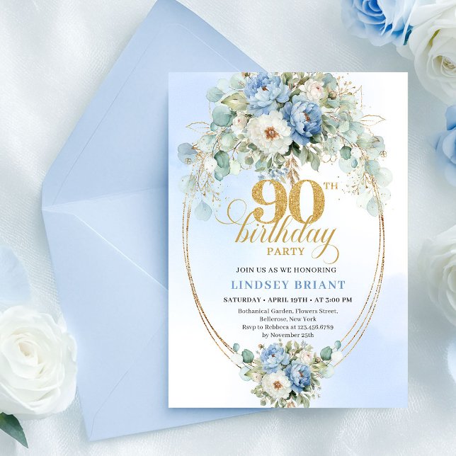 Timeless Boho Blue Floral Gold 90th Birthday Einladung (Timeless Boho Blue Floral Gold 90th Birthday Invitation)