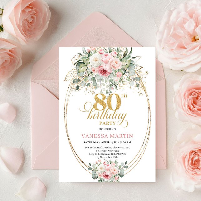 Timeless Boho Blush Roses Minimal 80th Birthday Einladung (Timeless Boho Blush Roses Minimal 80th Birthday)
