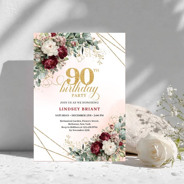 Timeless Boho Deep Red Peonies Gold 90th Birthday Einladung (Timeless Deep Red Peonies Gold 90th Birthday Invite)