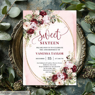 Timeless Burgundy Blush Floral Sweet 16 Invite Einladung