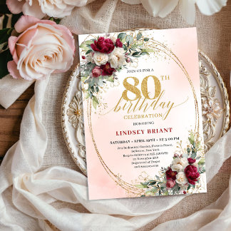 Timeless Burgundy Floral Gold 80th Birthday Invite Einladung