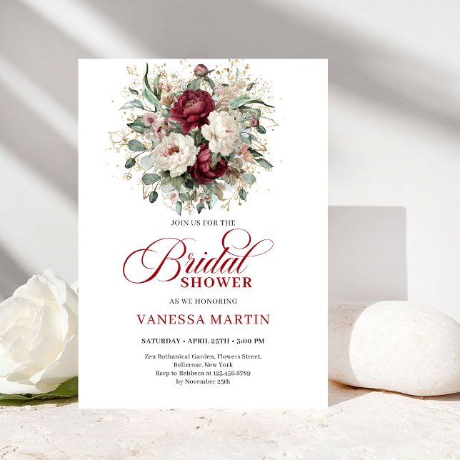 Timeless Burgundy Flowers Bridal Shower Invitation Einladung (Timeless Burgundy Flowers Bridal Shower Invitation)