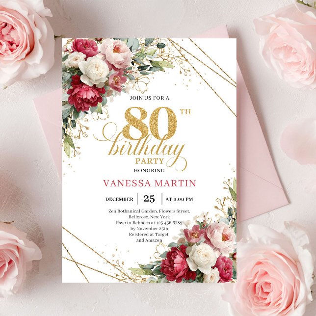 Timeless Burgundy Red Gold 80th Birthday Invite Einladung (Timeless Burgundy Red Gold 80th Birthday Invite)