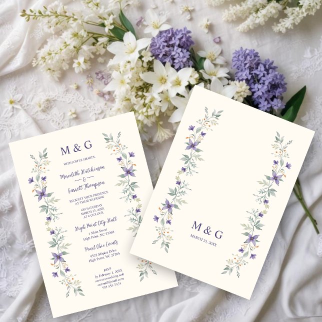 Timeless Classic Purple Flowers Branches Wedding Einladung (Timeless Classic Purple Flowers & Branches Garlands Wedding Invitations Cards with Initials. )