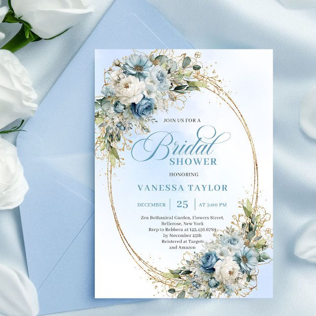 Timeless Dusty Blue Floral Script Bridal Shower  Einladung (Timeless Dusty Blue Floral Script Bridal Shower Invitation)