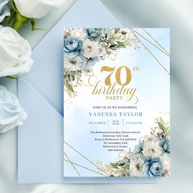 Timeless dusty blue florals gold frame 70 birthday einladung (Timeless dusty blue florals gold frame 70th birthday

)