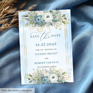 Timeless Dusty Blue White Gold Floral Rett Date Einladung
