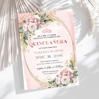Timeless Dusty Pink Floral Greenery Quinceañera Einladung