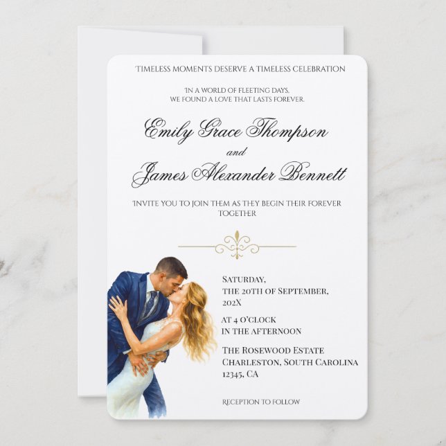 Timeless Elegance Wedding Golden Romance Couple Einladung (Vorderseite)