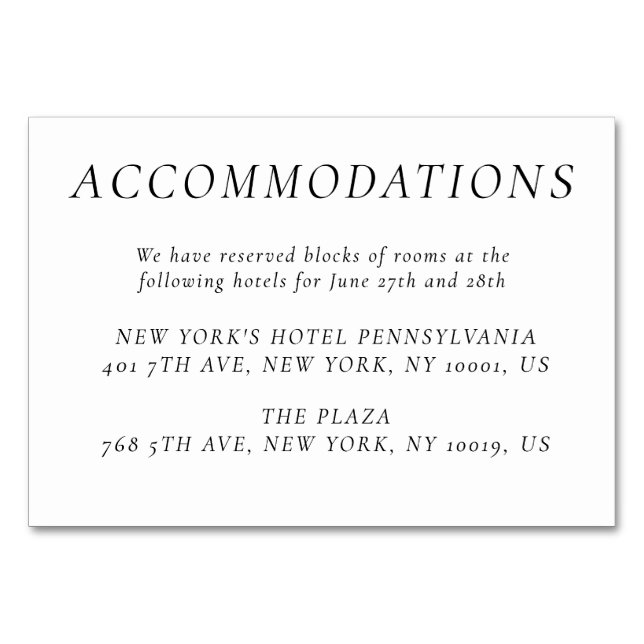 Timeless Elegant White Wedding Accommodation Cards Tischnummer (Vorderseite)