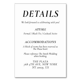 Timeless Elegant White Wedding Detail Cards Tischnummer