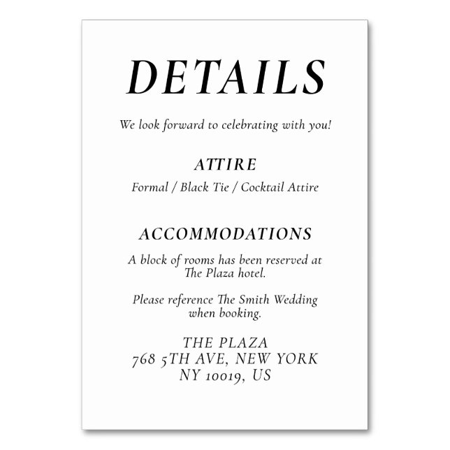 Timeless Elegant White Wedding Detail Cards Tischnummer (Vorderseite)