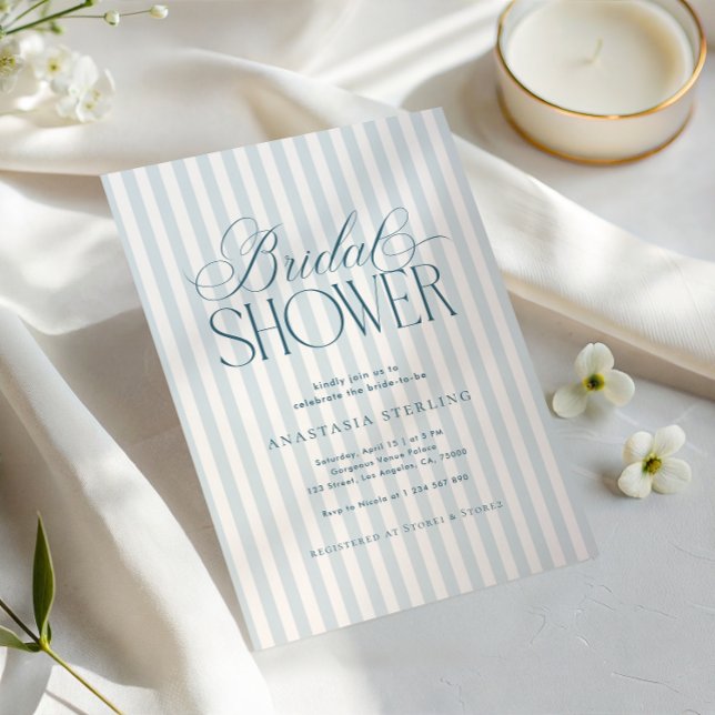 Timeless Luxe Script Blue Stripes Bridal Shower Einladung (Von Creator hochgeladen)