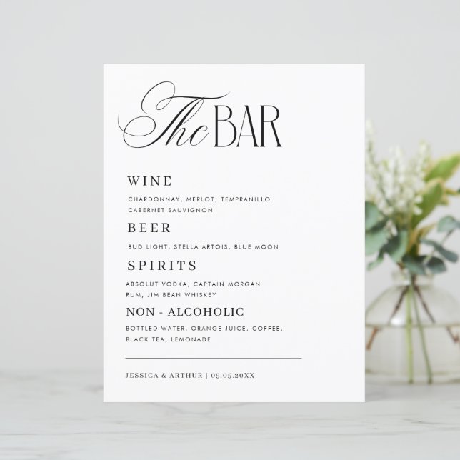 Timeless Luxe Script Classy Wedding Bar Drink Menu (Stehend Vorderseite)