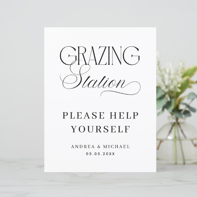 Timeless Luxe Script Grazing Station Wedding Sign (Stehend Vorderseite)