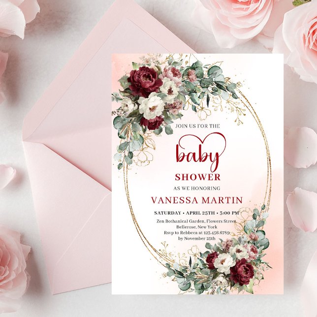 Timeless Maroon Floral Gold Baby Shower Invitation Einladung (Timeless Maroon Floral Gold Baby Shower Invitation)